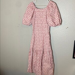 Ivy City Co Blush Patterned Midi Dress with Puff Sleeves